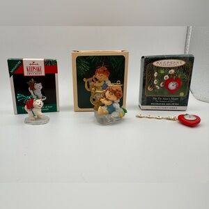 3 Hallmark miniature ornaments, musical angel, little husky,  tin man’s heart